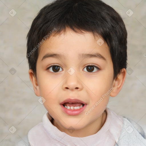 Joyful white child male with short  brown hair and brown eyes