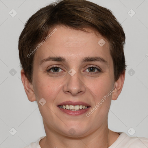 Joyful white young-adult female with short  brown hair and grey eyes