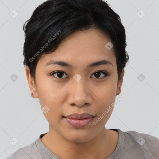 Joyful latino young-adult female with short  brown hair and brown eyes