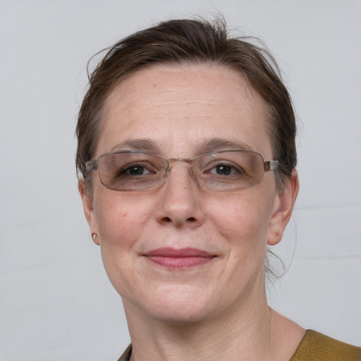 Joyful white adult female with medium  brown hair and grey eyes