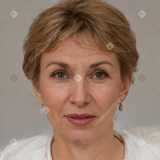 Joyful white adult female with short  brown hair and brown eyes