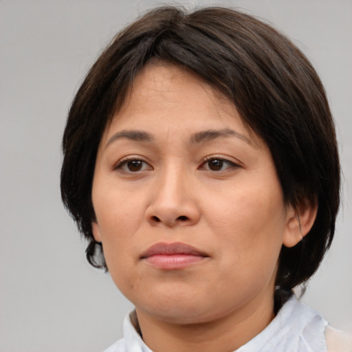 Neutral white adult female with medium  brown hair and brown eyes