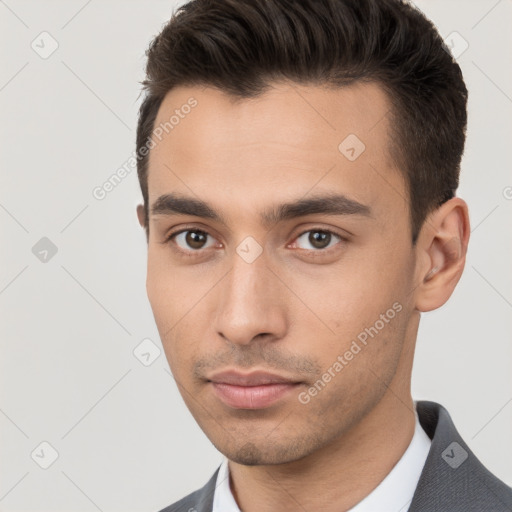 Neutral white young-adult male with short  brown hair and brown eyes