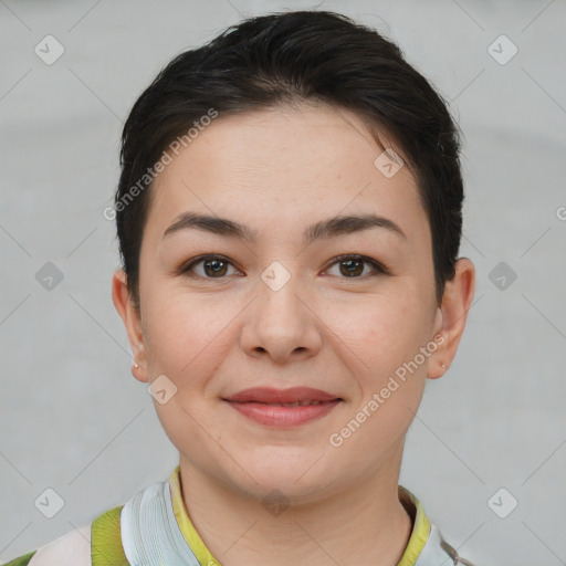 Joyful white young-adult female with short  brown hair and brown eyes