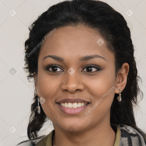 Joyful black young-adult female with medium  black hair and brown eyes