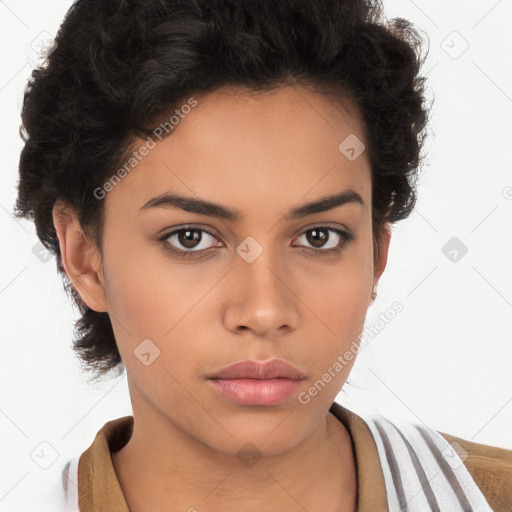 Neutral white young-adult female with short  brown hair and brown eyes