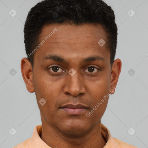 Neutral black young-adult male with short  brown hair and brown eyes