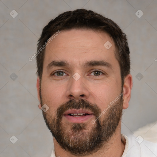 Neutral white adult male with short  brown hair and brown eyes