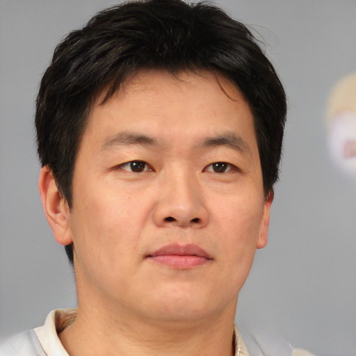 Neutral asian adult male with short  brown hair and brown eyes