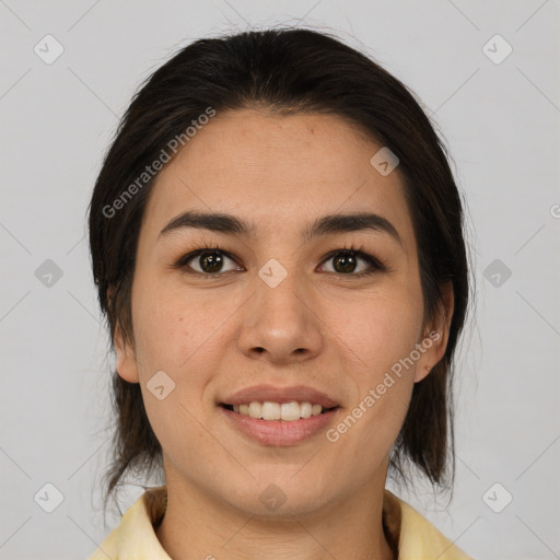 Joyful white young-adult female with medium  brown hair and brown eyes