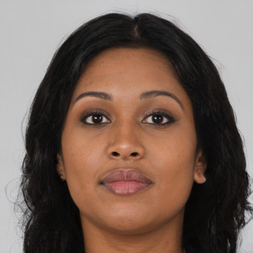 Neutral asian young-adult female with long  brown hair and brown eyes