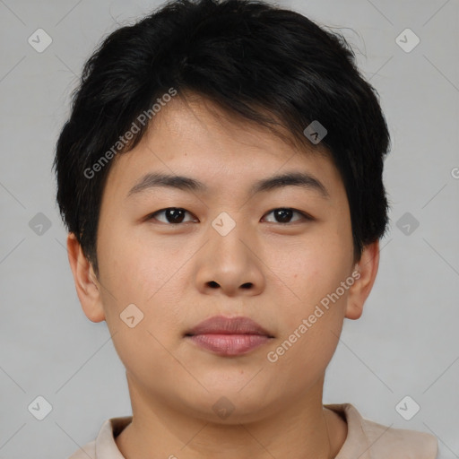 Neutral asian young-adult male with short  brown hair and brown eyes