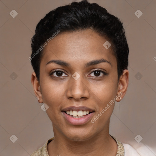 Joyful latino young-adult female with short  black hair and brown eyes