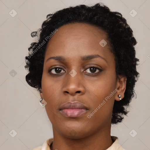 Neutral black young-adult female with short  black hair and brown eyes