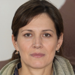 Joyful white adult female with medium  brown hair and grey eyes