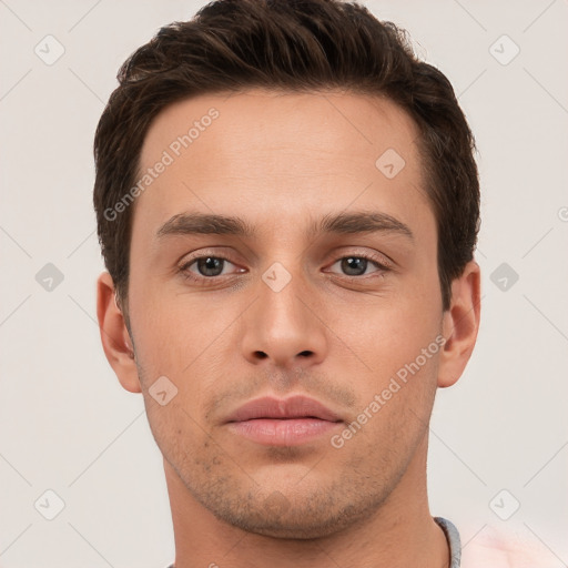 Neutral white young-adult male with short  brown hair and brown eyes