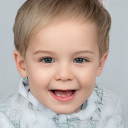 Joyful white child female with short  brown hair and grey eyes