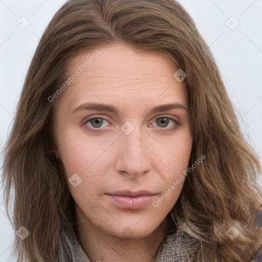 Neutral white young-adult female with long  brown hair and grey eyes