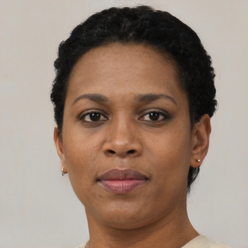 Joyful black adult female with short  black hair and brown eyes