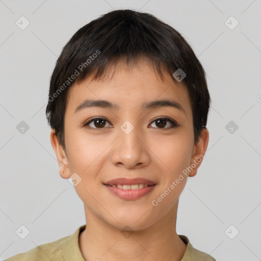 Joyful asian young-adult female with short  brown hair and brown eyes