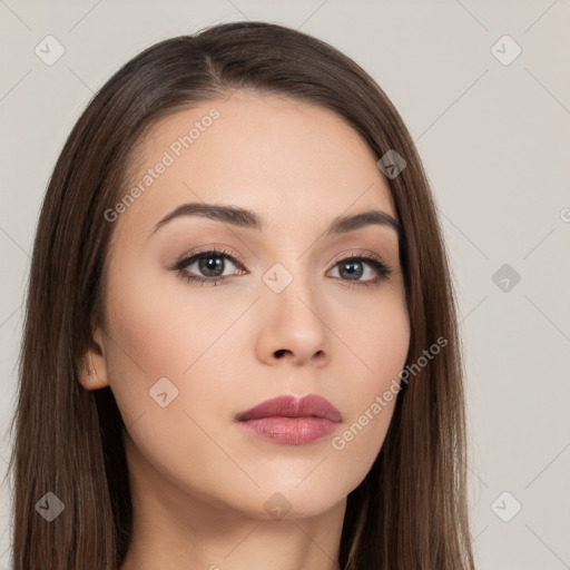 Neutral white young-adult female with long  brown hair and brown eyes