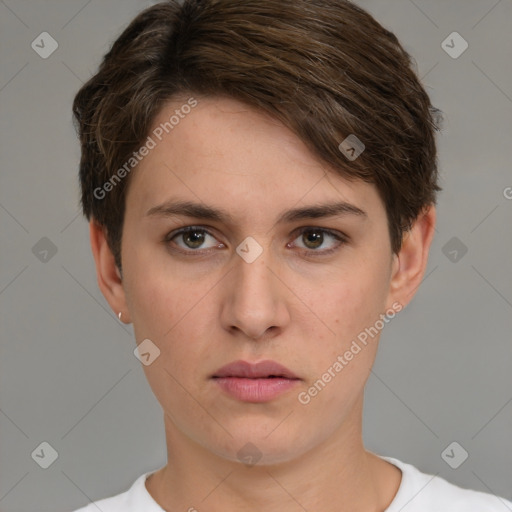 Neutral white young-adult female with short  brown hair and brown eyes