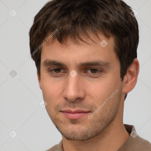 Neutral white young-adult male with short  brown hair and brown eyes