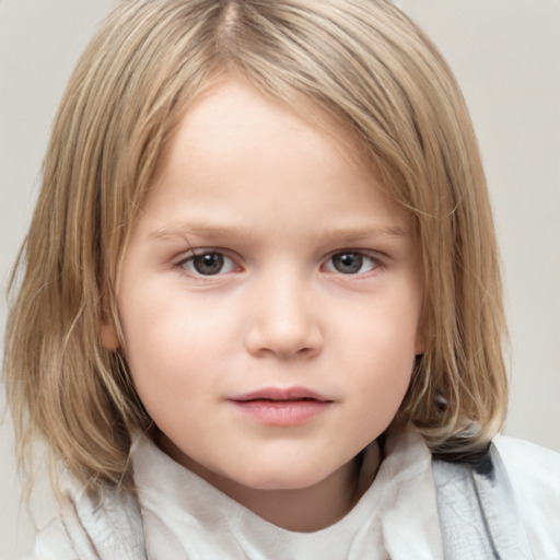 Neutral white child female with medium  brown hair and grey eyes