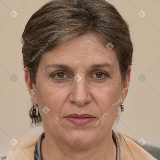 Joyful white adult female with short  brown hair and brown eyes