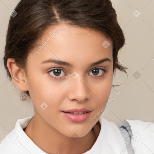 Joyful white child female with medium  brown hair and brown eyes