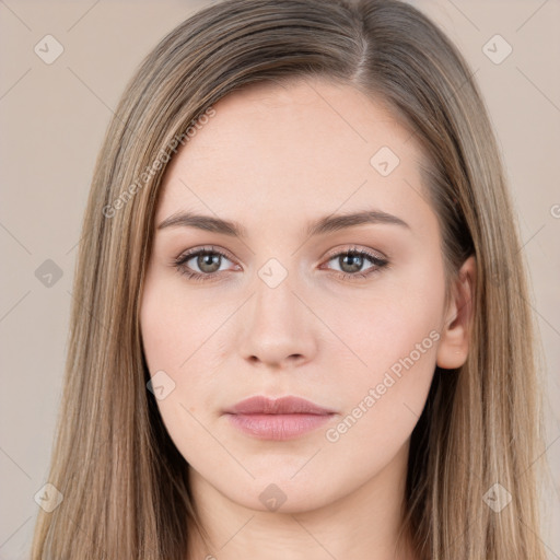 Neutral white young-adult female with long  brown hair and brown eyes