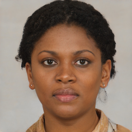Neutral black young-adult female with short  brown hair and brown eyes