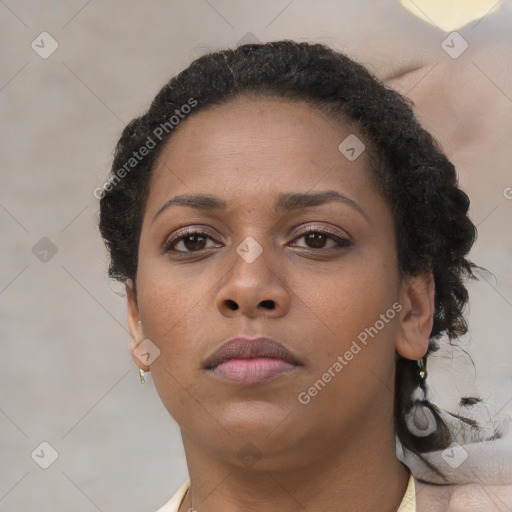 Neutral black young-adult female with short  brown hair and brown eyes