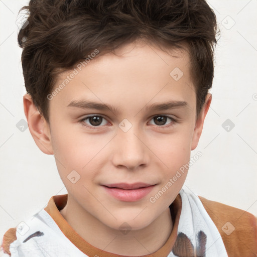 Joyful white child male with short  brown hair and brown eyes