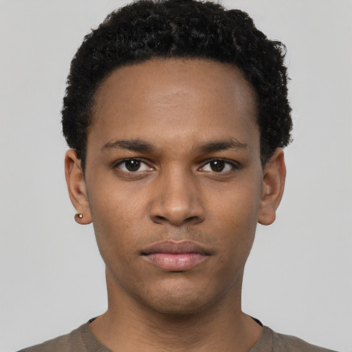 Neutral black young-adult male with short  black hair and brown eyes