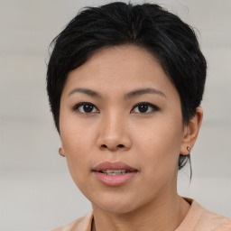 Neutral asian young-adult female with short  black hair and brown eyes