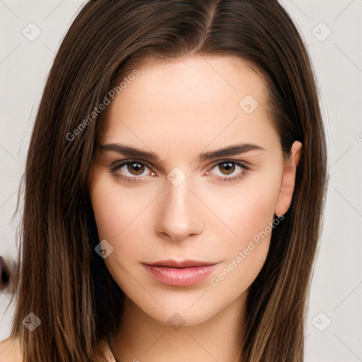 Neutral white young-adult female with long  brown hair and brown eyes