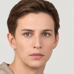 Neutral white young-adult male with short  brown hair and grey eyes