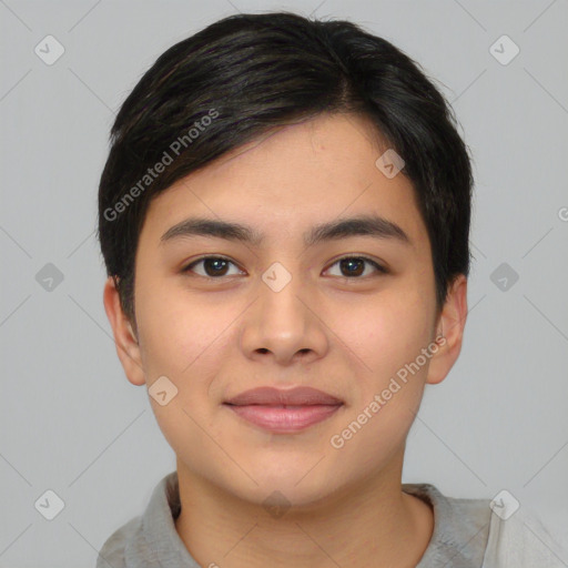 Joyful asian young-adult male with short  black hair and brown eyes