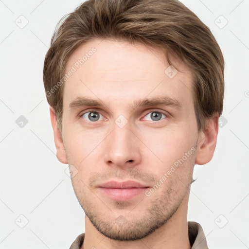 Neutral white young-adult male with short  brown hair and grey eyes