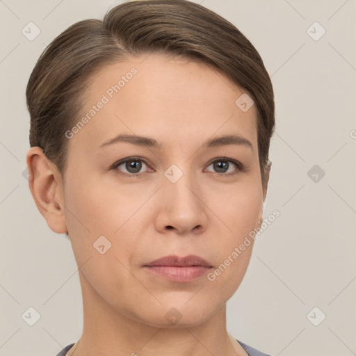 Neutral white young-adult female with short  brown hair and brown eyes