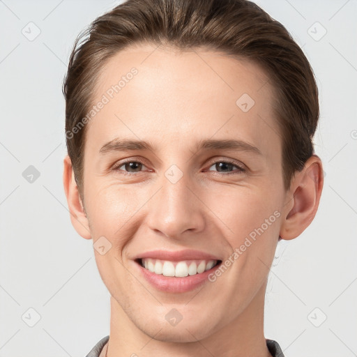 Joyful white young-adult female with short  brown hair and brown eyes