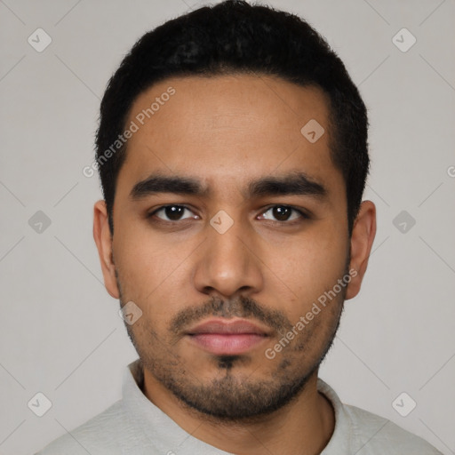 Neutral latino young-adult male with short  black hair and brown eyes