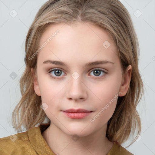 Neutral white young-adult female with medium  brown hair and grey eyes