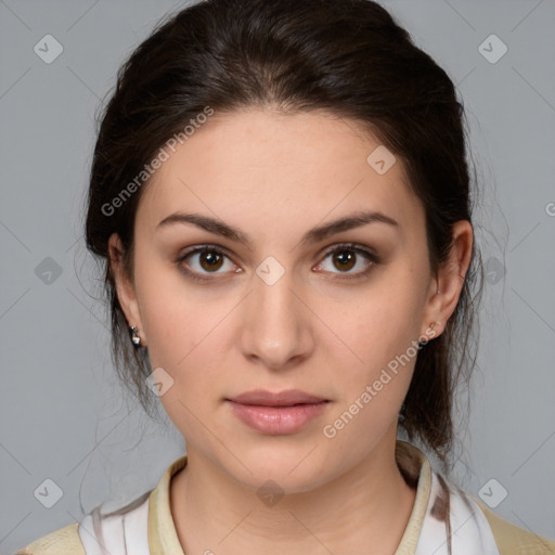 Neutral white young-adult female with medium  brown hair and brown eyes