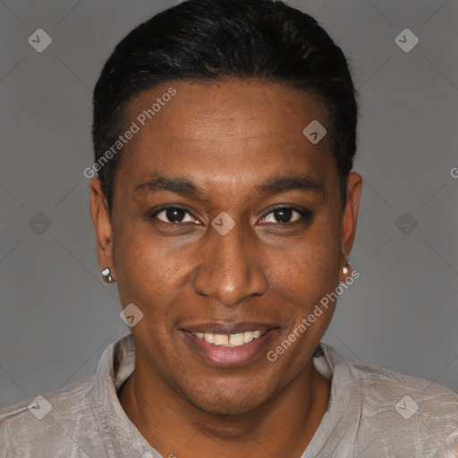 Joyful black young-adult male with short  black hair and brown eyes