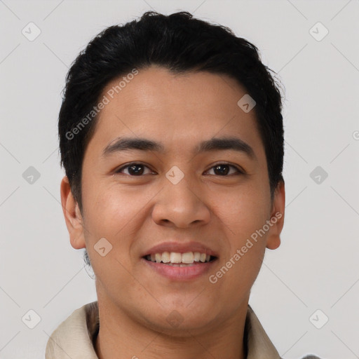 Joyful latino young-adult male with short  black hair and brown eyes