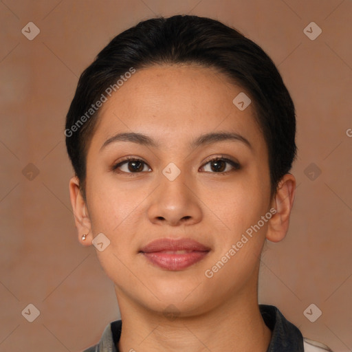 Joyful asian young-adult female with short  brown hair and brown eyes