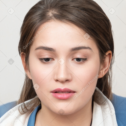 Neutral white young-adult female with medium  brown hair and brown eyes