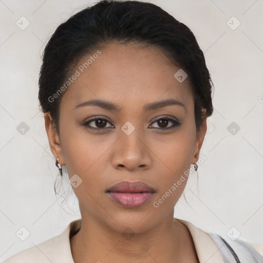 Neutral latino young-adult female with short  black hair and brown eyes